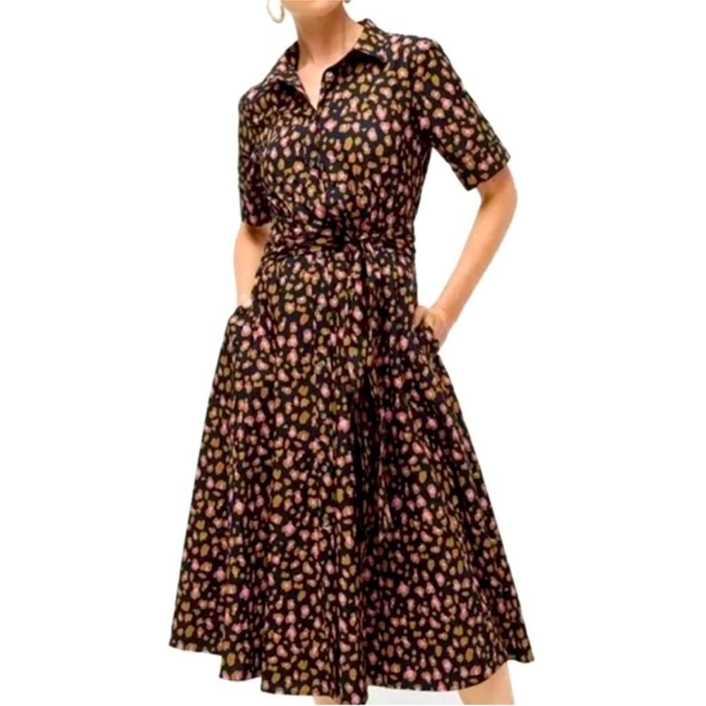 J. Crew Black and Pink Cheetah Print Midi Shirt Dress